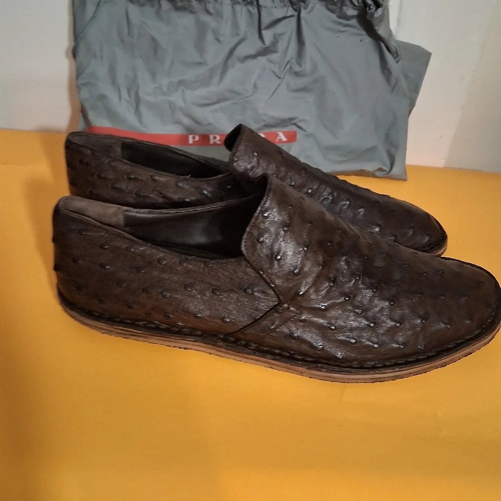 Prada Dark Brown Ostrich Leather Slip-On Loafers